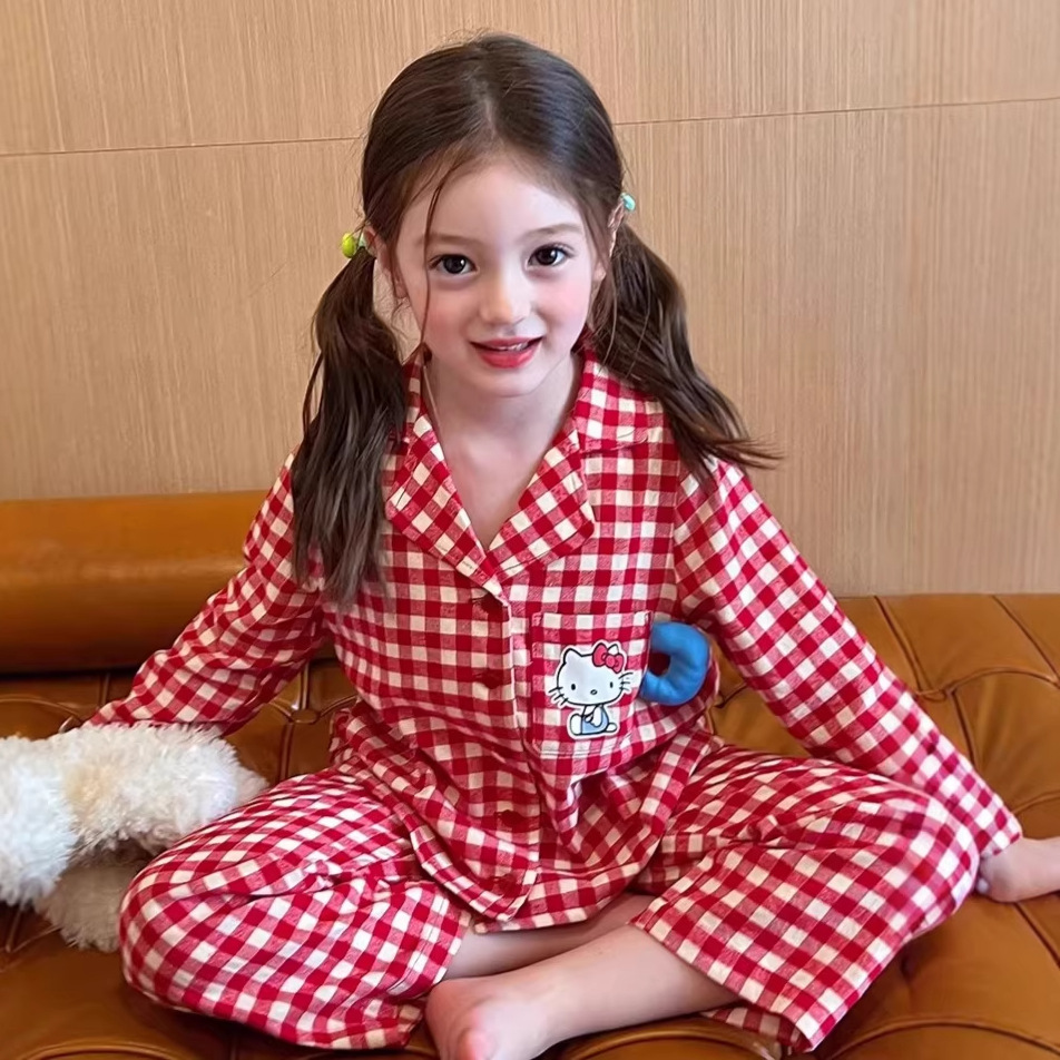 Children's Clothing Girls Korean Style Plaid Kt Cat Home Clothes Spring and Autum Kidsren's Baby Cartoon Pajamas Can Be Worn Outside the Suit