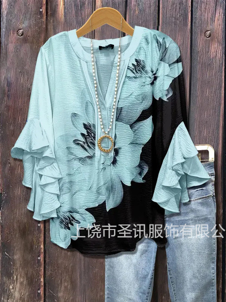 クロスボーダー独立ステーション新しいクリエイティブ花要素 3D プリントカジュアルトレンド V ネックフリル Tシャツレディーストップ|undefined