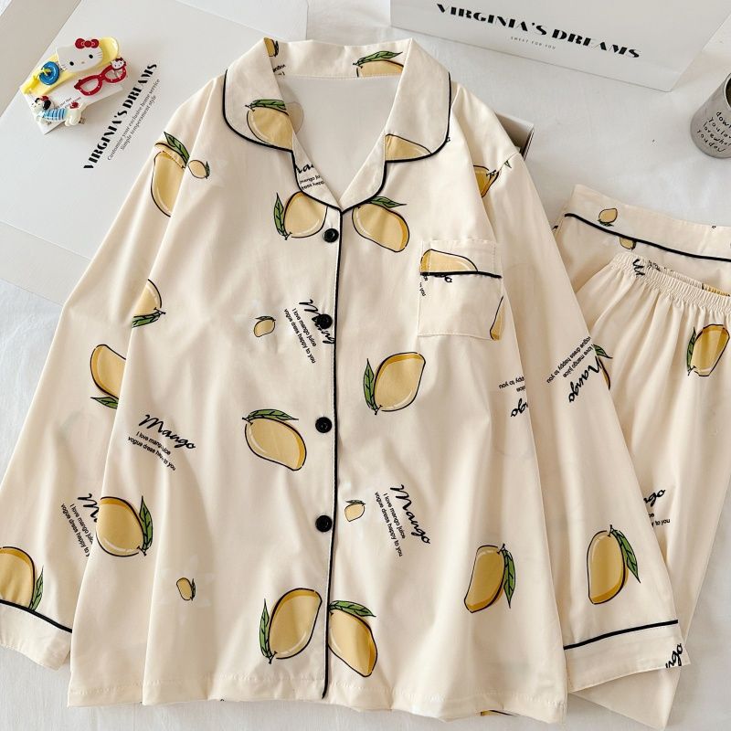 Pijamas al por mayor transfronterizos de algodón de mujer cardigan de otoño con solapa de mangas largas pantalones simples y cómodos set de ropa de hogar suelta