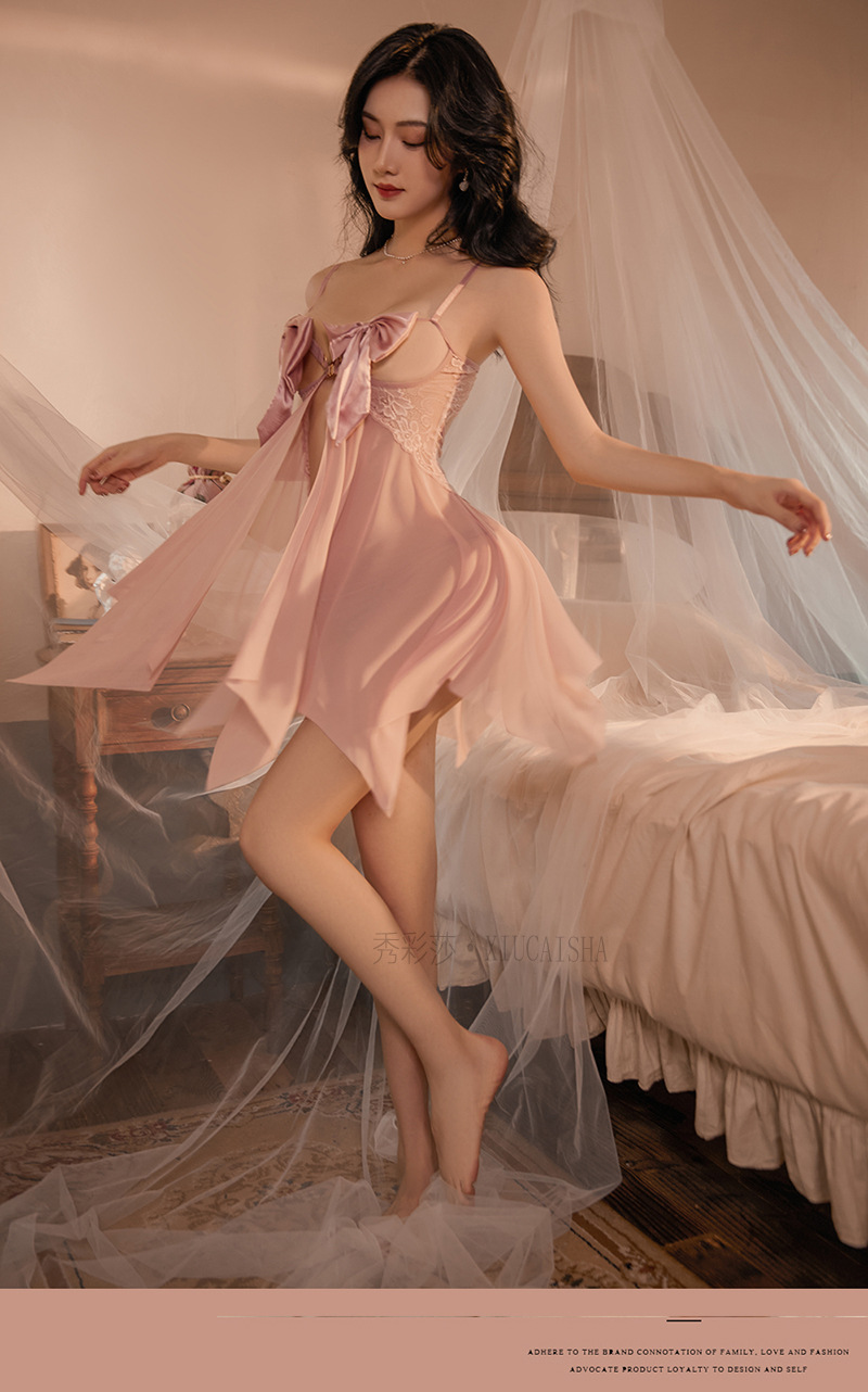 Pink Mesh Babydoll Nightdress Set with Robe and Halter Top, One Size — detail image 11