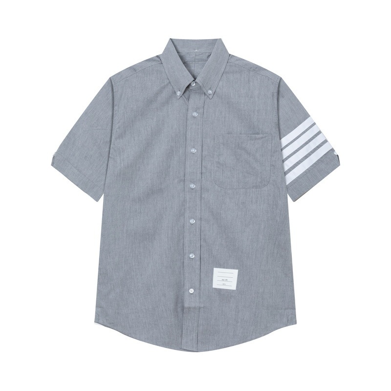 Tb Jl Sleeve White Stripesd Casual Short-Sleeved Shirt Trendy Fashion Gray Versatile Pure Cotton Breathable Half-Sleeved Shirt for Men