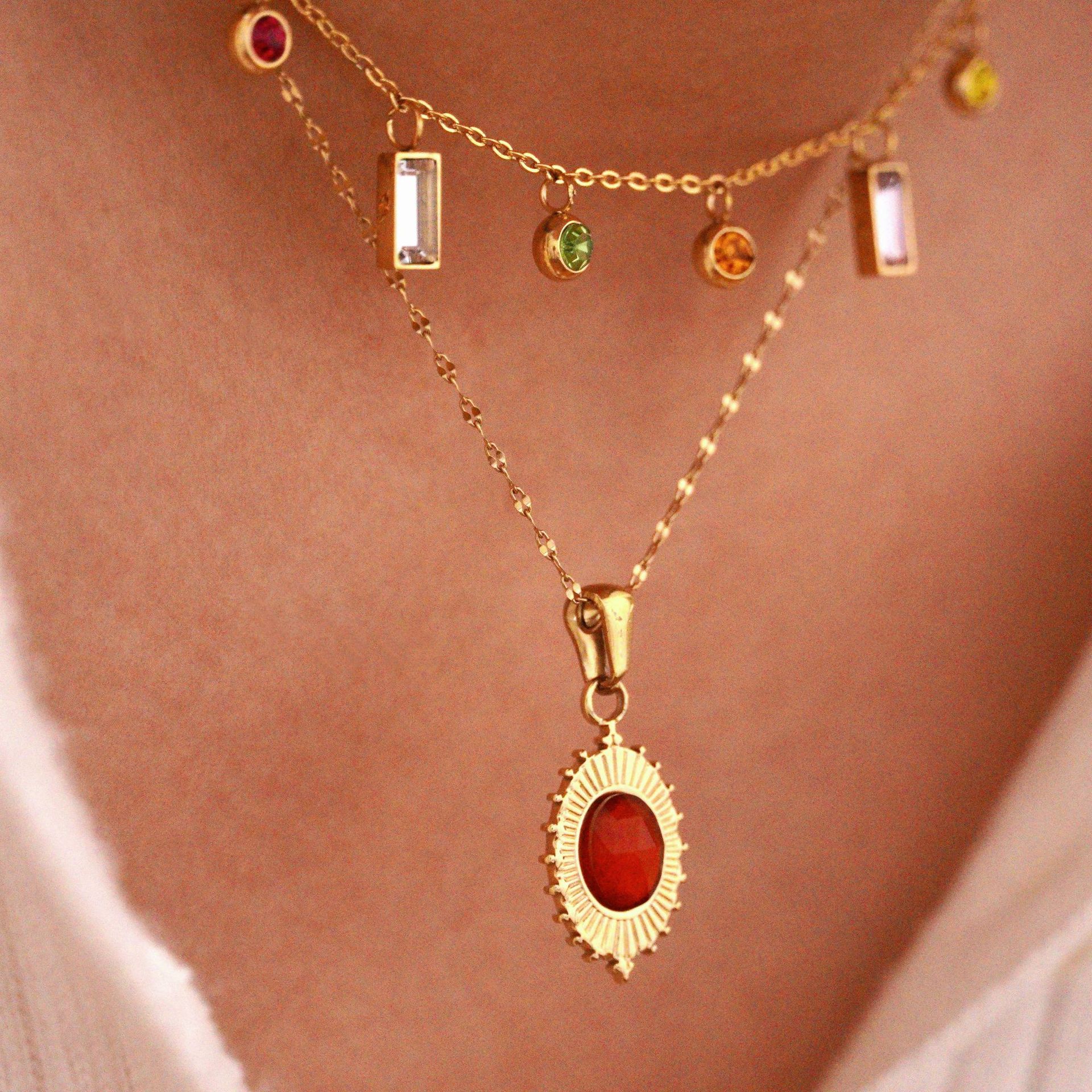 Zircon Inlay Material Retro Simple Style Color Block Natural Stone Titanium Steel Inlay Zircon Women's Rings Necklace
