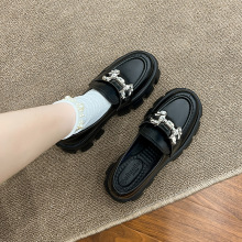 2025年松糕厚底乐福鞋女高跟软皮小个子增高带钻复古英伦风小皮鞋