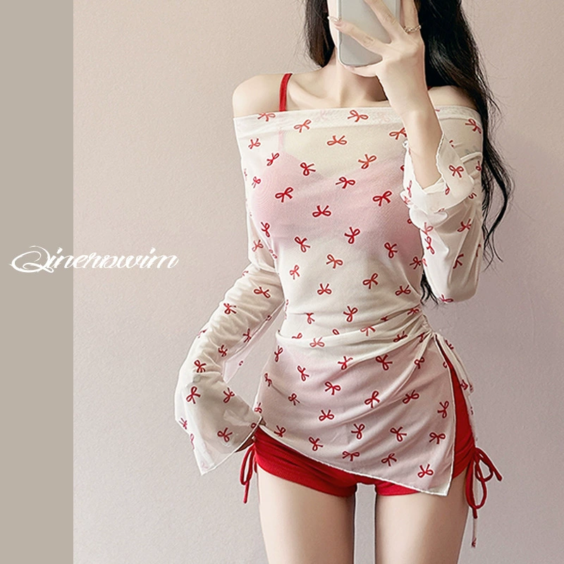 Новый набор из трех частей бичини купальник девушка девушка чувствует чистый ветер купальник женский лук с длинными рукавами солнцезащитный крем оптом