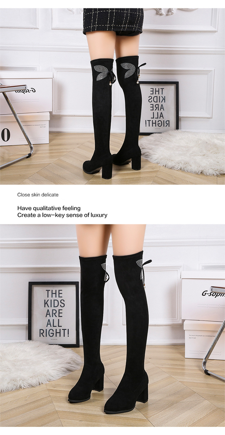 Autumn and winter new chunky heel rhinester bow thigh-high boots slim plus size elastic boots_voghion.com