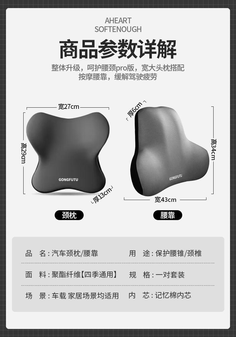 Car Headrest and Lumbar Support, Neck Pillow, Seat Backrest, Memory Foam Cushion, Car Backrest Pillow, Lumbar Pad