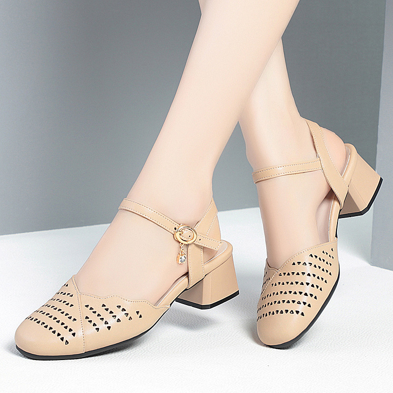 Sandal nữ hở gót mũi nhọn da thật gót thấp đi làm — Mơ【Kiểu hở gót】