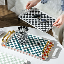 轻奢棋盘格网红杯子托盘长方形ins风家用客厅放茶杯水杯商用餐盘