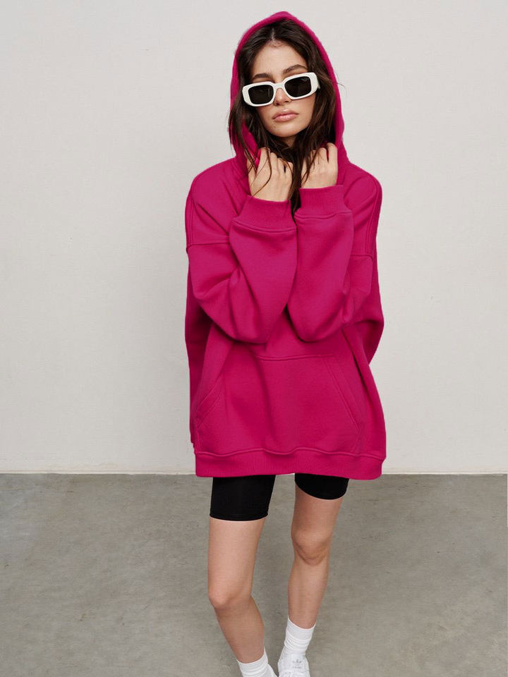 Áo hoodie nỉ lông dáng rộng có mũ và túi, tay dài, dáng unisex — Màu cà phê, Màu hồng, Màu xám, Màu đen chi tiết 39
