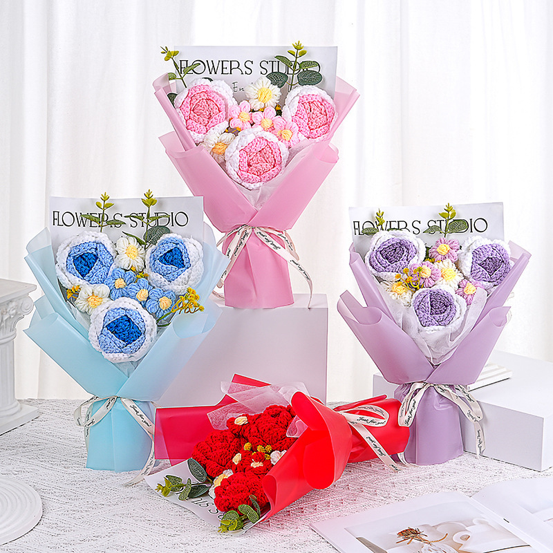 中国のバレンタインデーギフト完成品花束ニット花束バラ模擬花ウールフラワー誕生日ギフトガールフレンド|undefined