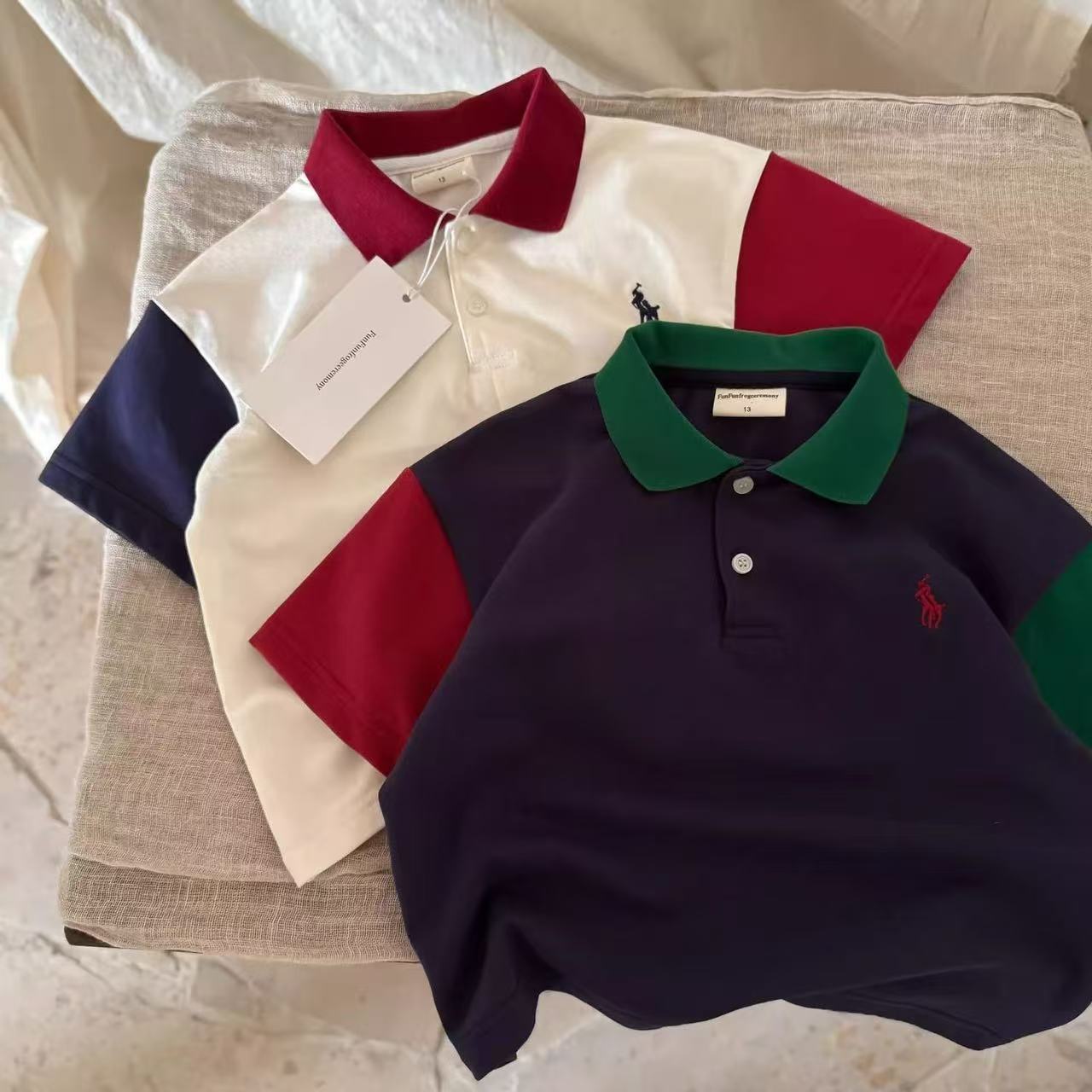 New summer Korean style trendy children's clothing for boys, handsome color-blocked polo shirt with turn-down collar