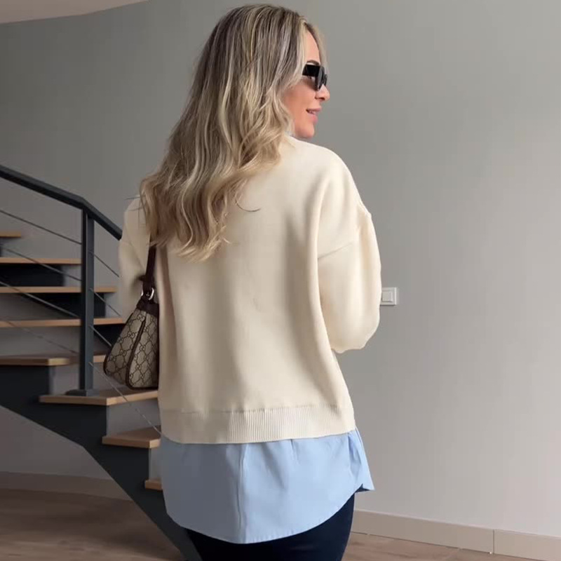 2024 otoño nuevo estilo europeo y americano Amazon ropa de mujer transfronteriza moda falsa dos piezas diseño simple camisa de punto universal