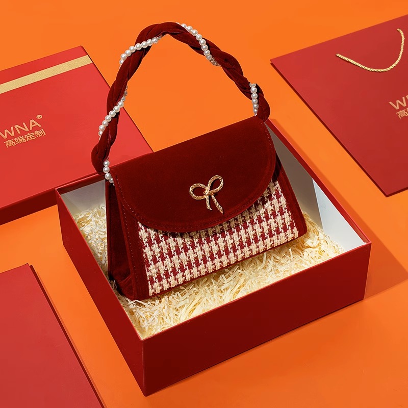 Bolso de Novia de Terciopelo con Diseño de Pata de Gallo, Rojo, de Alta Gama, para Regalo de Boda, Uso Diario, Bandolera, 2025