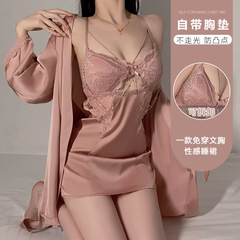 瑰若品牌内衣火辣露背深V加胸垫纯欲顺滑缎面睡裙外袍女套装4520
