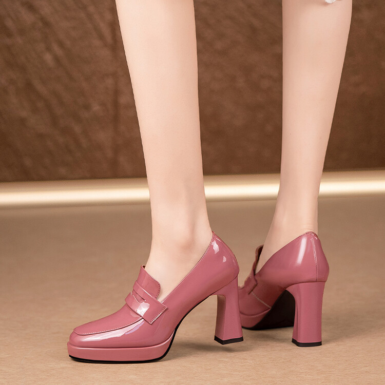 Pink Round-Toe Waterproof Platform High-Heeled Shoes for Women 2025 Spring and Autumn New Thick-Soled Mid-Cut Chunky Heel Single Shoes Patent Leather Trendy