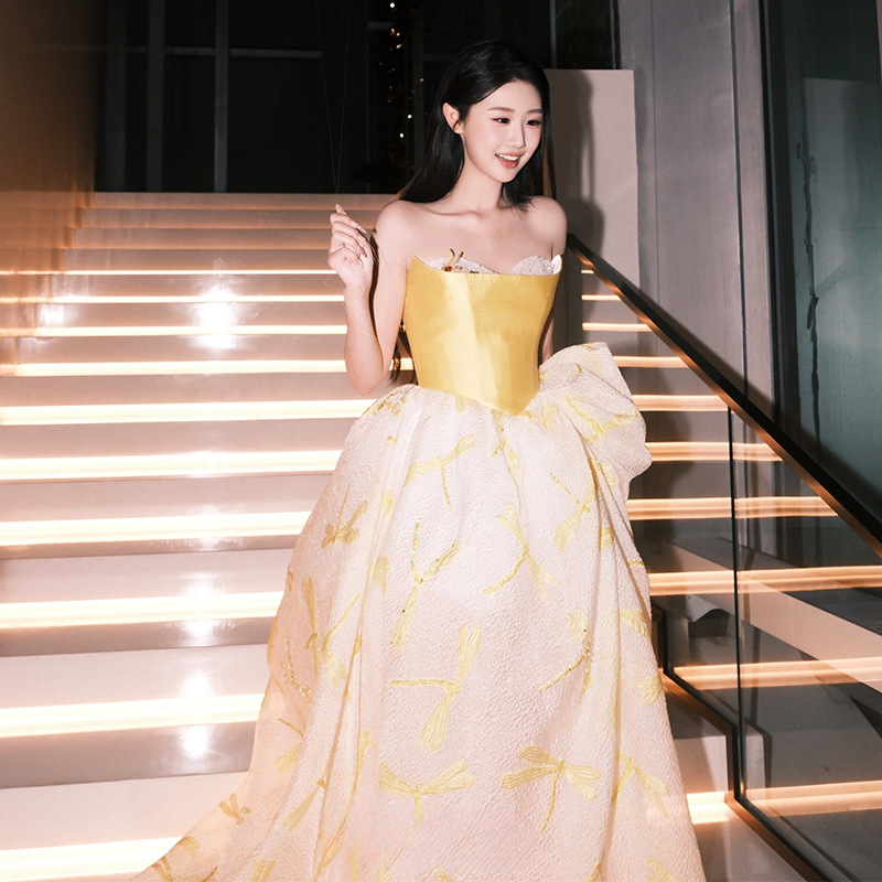 The Story of Rose Liu Yifei Same Style Banquet Evening Dress Yellow Strapless Temperament Light Luxury Niche High-end Long Dress