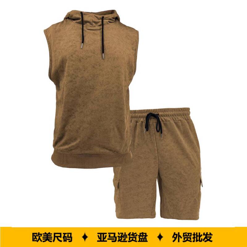 Cross-Border European and American Amazon Temu New Vintage-Style Casual Sports Shorts Elastic Set Hooded Men's Sleeveless Sweatshirt Cross-Border European and American Amazon Temu New Vintage-Style Casual Sports Shorts Elastic Set Hooded Men's Sleeveless Sweatshirt
