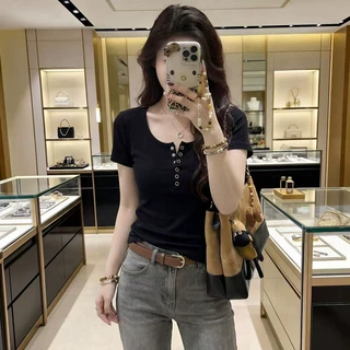 2026年夏女装新款40支纯棉210克92棉/8氨纶修身显瘦短袖T恤女纽扣