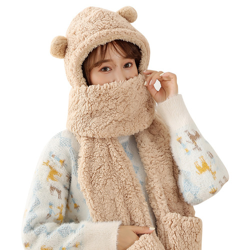 Winter hat, scarf, one-piece scarf, three-piece set, winter women's cold-proof, warm and ear-protecting plush hat manufacturer batch