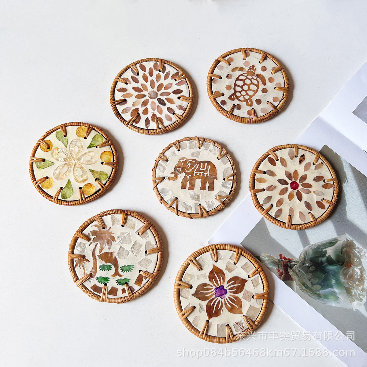 越南藤编贝壳隔热垫茶垫杯垫子桌面茶几防烫垫藤编杯垫饰品批发