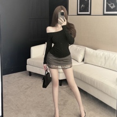 8722#早秋新款纯欲成熟风满钻长袖女斜肩设计修身显瘦胸垫可拆卸