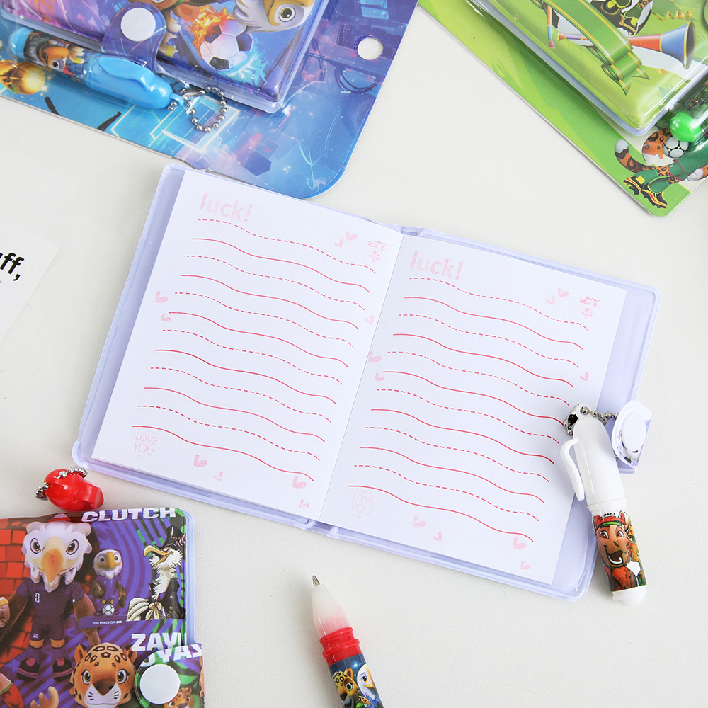 Copa del mundo de fútbol pu cuaderno con bolígrafo dibujos animados mascota diario de comercio exterior estudiantes de papelería