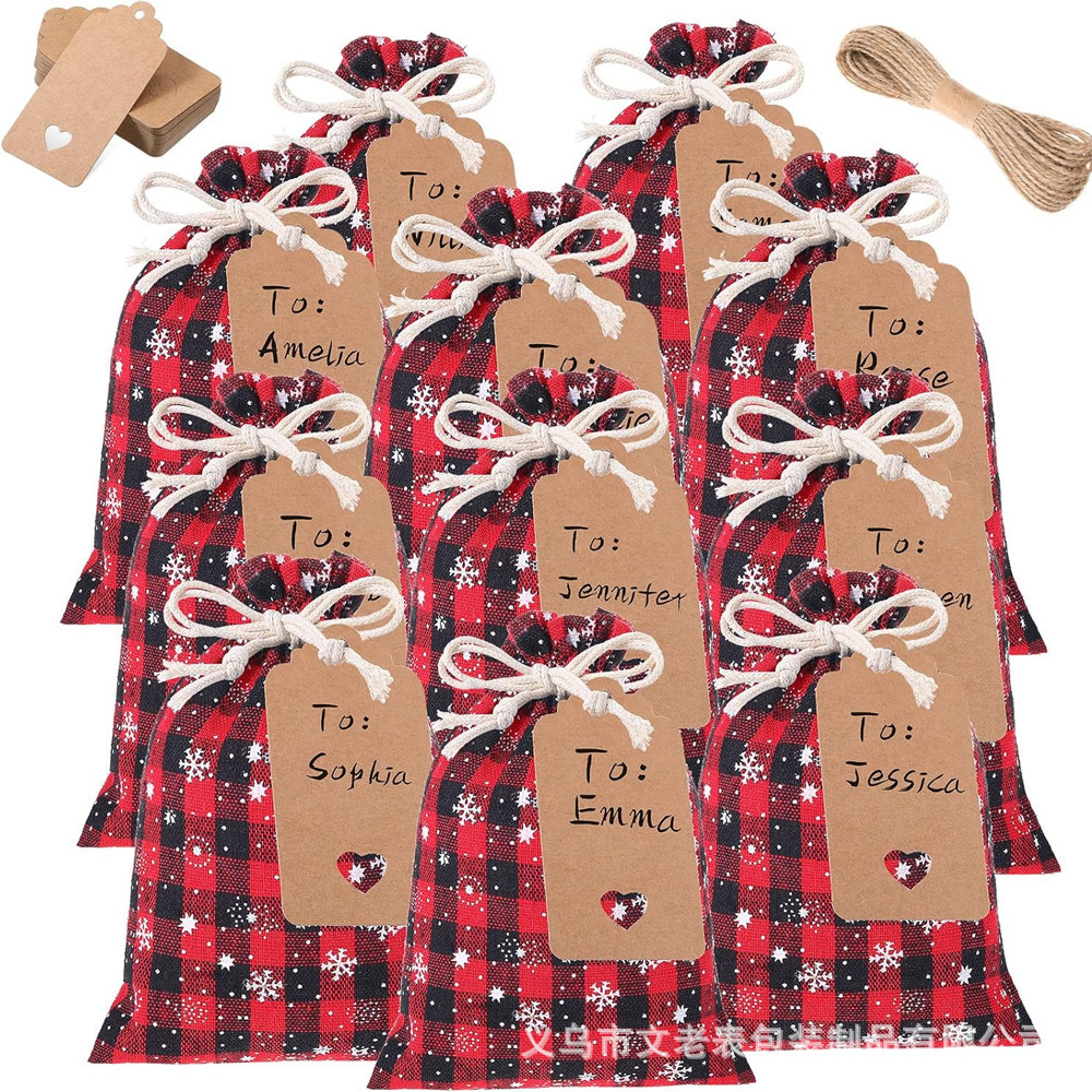 新款圣诞格子纹印花棉布抽绳束口袋套装带卡片名牌惊喜礼物包装袋