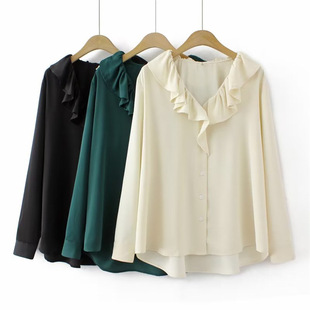 Plus size women's long-sleeved shirt 2023 spring new chubby girl fashion all-match Lotus collar stretch chiffon shirt 6137