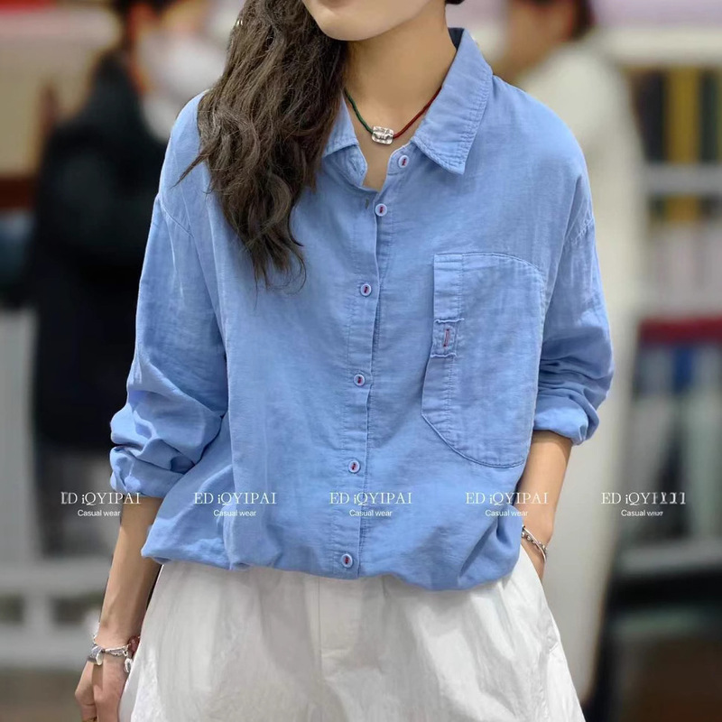 ED3463 Cotton and Linen Stir-fried Color Contrast Color Front and Back Design Shirt Spring New Solid Color All-match Elegant Shirt Jacket ED3463 Cotton and Linen Stir-fried Color Contrast Color Front and Back Design Shirt Spring New Solid Color All-match Elegant Shirt Jacket