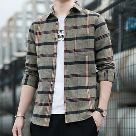 2021春季新款韩版时尚开衫男式格子长袖休闲外套男装潮流男士衬衫