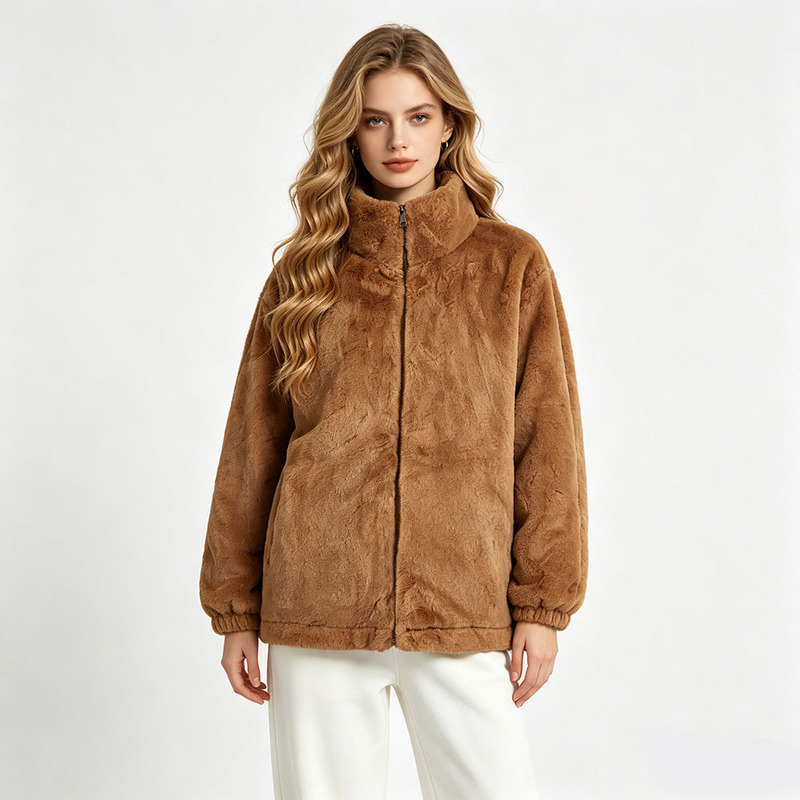 Autumn and Winter Women's Imitation Fur Rabbit Fur down Jacket Stripesd Cross-Border New Hemmed Round Neck Fashionable Warm Jacket Customization