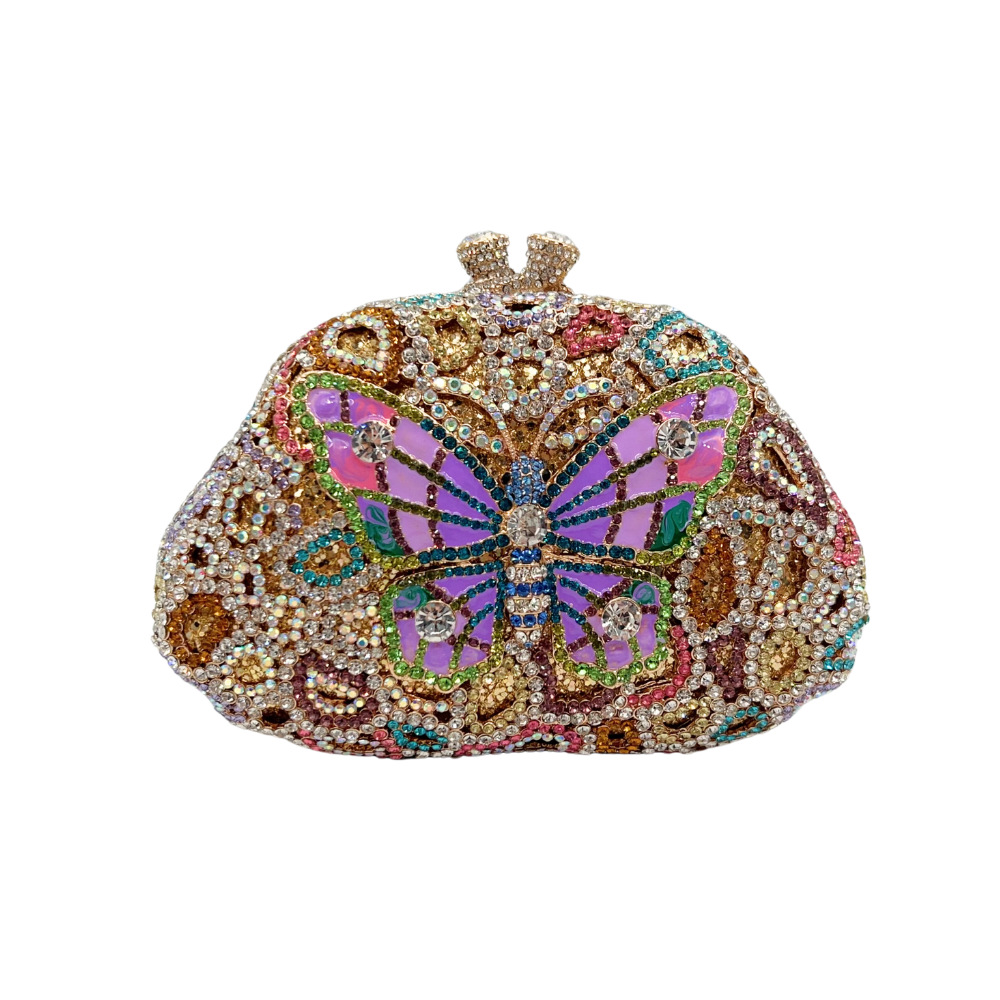 Túi clutch nữ cầm tay đính pha lê hình bướm thủ công dự tiệc — Màu hồng vàng kim, Màu tím hồng, Màu hồng, Màu bạc