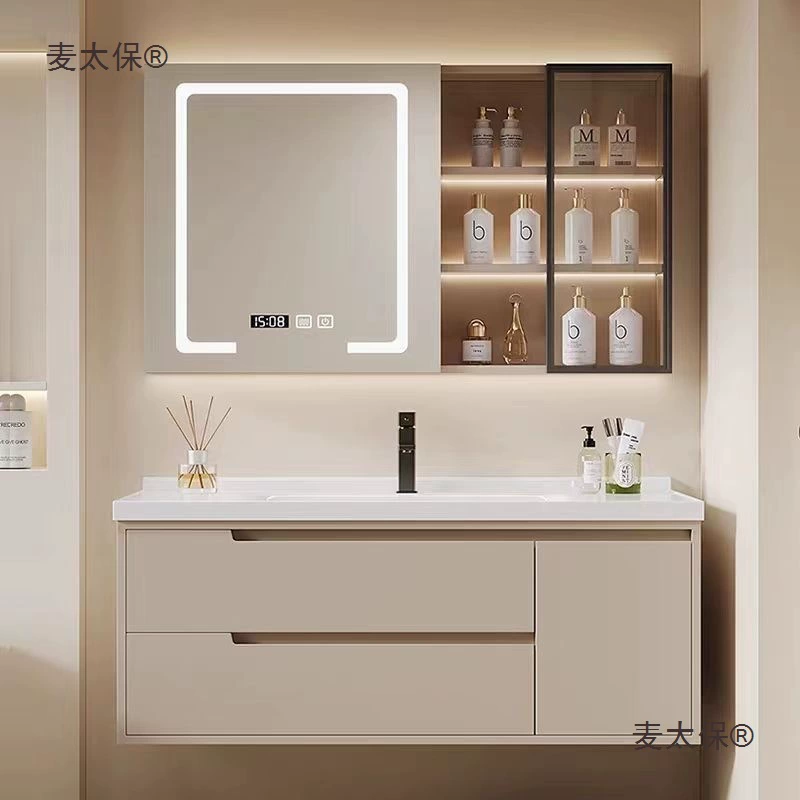 Новый шкаф для ванной комнаты в кремовом стиле со встроенной раковиной, керамическим умывальником, комбинацией шкафа для умывальника для ванной комнаты, Metabo.