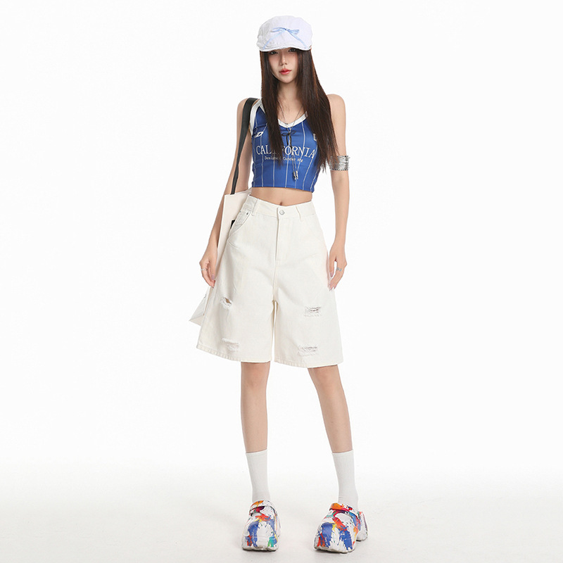 American-Style Ripped Straight-Leg Denim Shorts for Women, New Summer Style, Loose Fit, Slimming, Trendy, Versatile Wide-Leg Five-Point Pants
