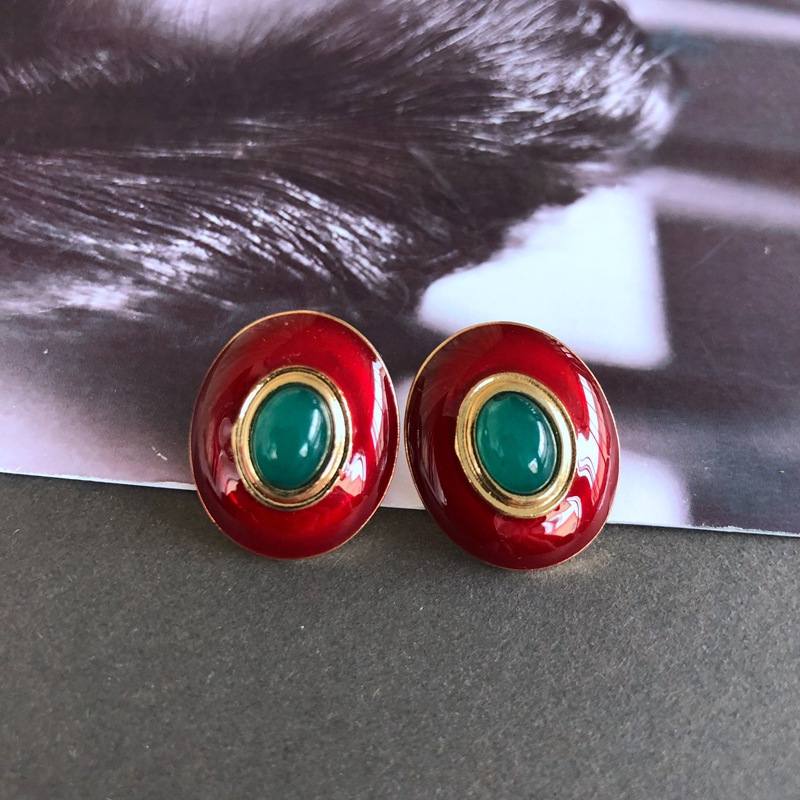 14g Weight No Inlaid Inlay Material Earrings, Ear Studs Classification Wedding, Travel Occasion Alloy Material Printing Pattern Women'S Gender Fashion Style Green, Silver Color Retro Red Oil Drip Glaze Enamel Heart Wave Dot Color Matching Geometric Earrings Wholesale Nihaojewelry 14