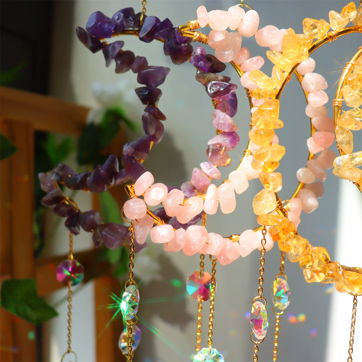 Moon & Star crystal suncatcher, natural gem chips, AB prism drops