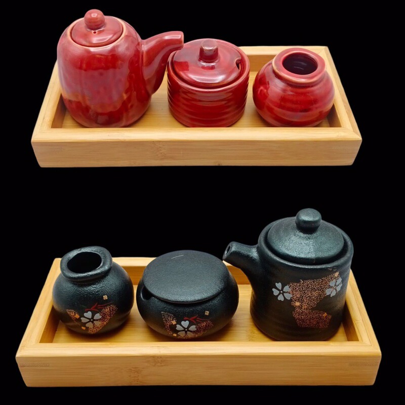 Japanese-Style Ceramic Tableware Set with Chili Sauce Pot, Soy Sauce Pot, Toothpick Holder, Tabletop Seasoning Three-Piece Set, Multi-Purpose Tray