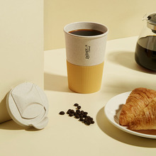 雙層防燙塑料咖啡杯 秸稈帶蓋可印logo隨手杯 便攜牛奶早餐杯