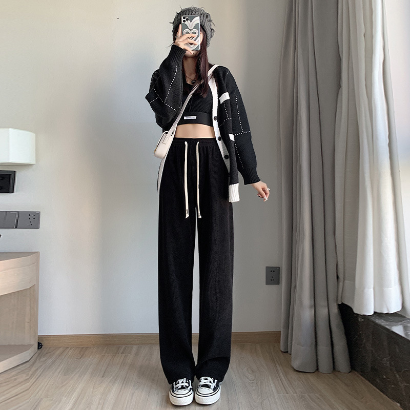 加绒灯芯绒阔腿裤女秋冬新款欧棉绒女裤高腰宽松休闲垂感直筒长裤|undefined