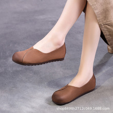 春秋新款复古文艺奶奶真皮单鞋森系女鞋平底圆头软底浅口妈妈鞋
