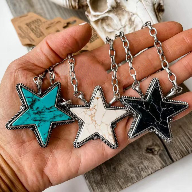 Pentagram Pattern Unisex Gender Ethnic Style Pentagram Alloy Inlay Turquoise Unisex Necklace