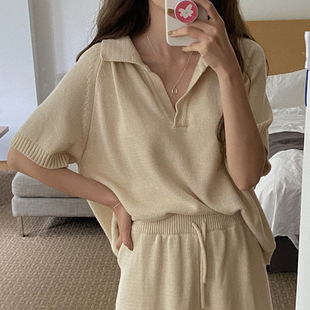 South Korea Chic Summer Loose Polo Collar Short-sleeved Sweater Drawstring Waist Wide-leg Shorts Two-piece Set for Women