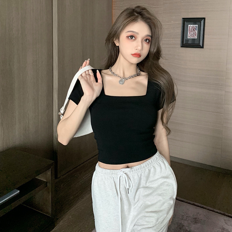 Principios de otoño diseño de manga larga Camiseta cuello cuadrado de las mujeres slim fit adelgazar clavícula cuello bajo ombligo corto camisa de fondo superior