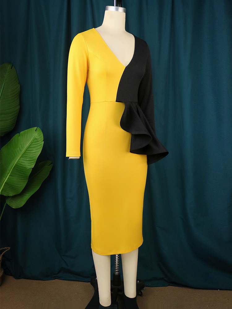 Vêtements pour femmes Robe à volants assortie de couleur grande taille pour femmes Robe de soirée sexy à col en V Robe de soirée jaune_voghion.com