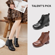 秋冬新款复古头层牛皮粗跟牛筋软底女士单层靴舒适中老年妈妈靴子