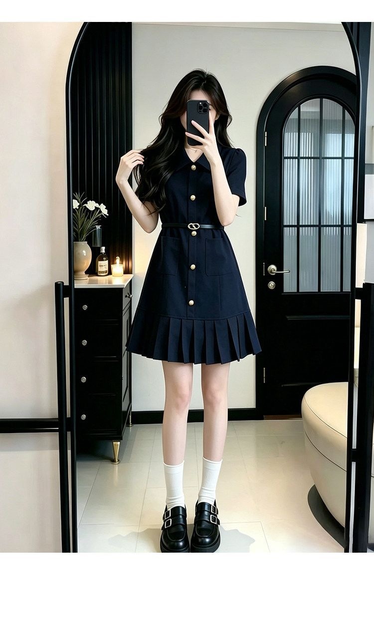 Váy ngắn tay kiểu Pháp xếp nếp thắt eo chữ A — Màu xanh da trời (thắt lưng) chi tiết 13
