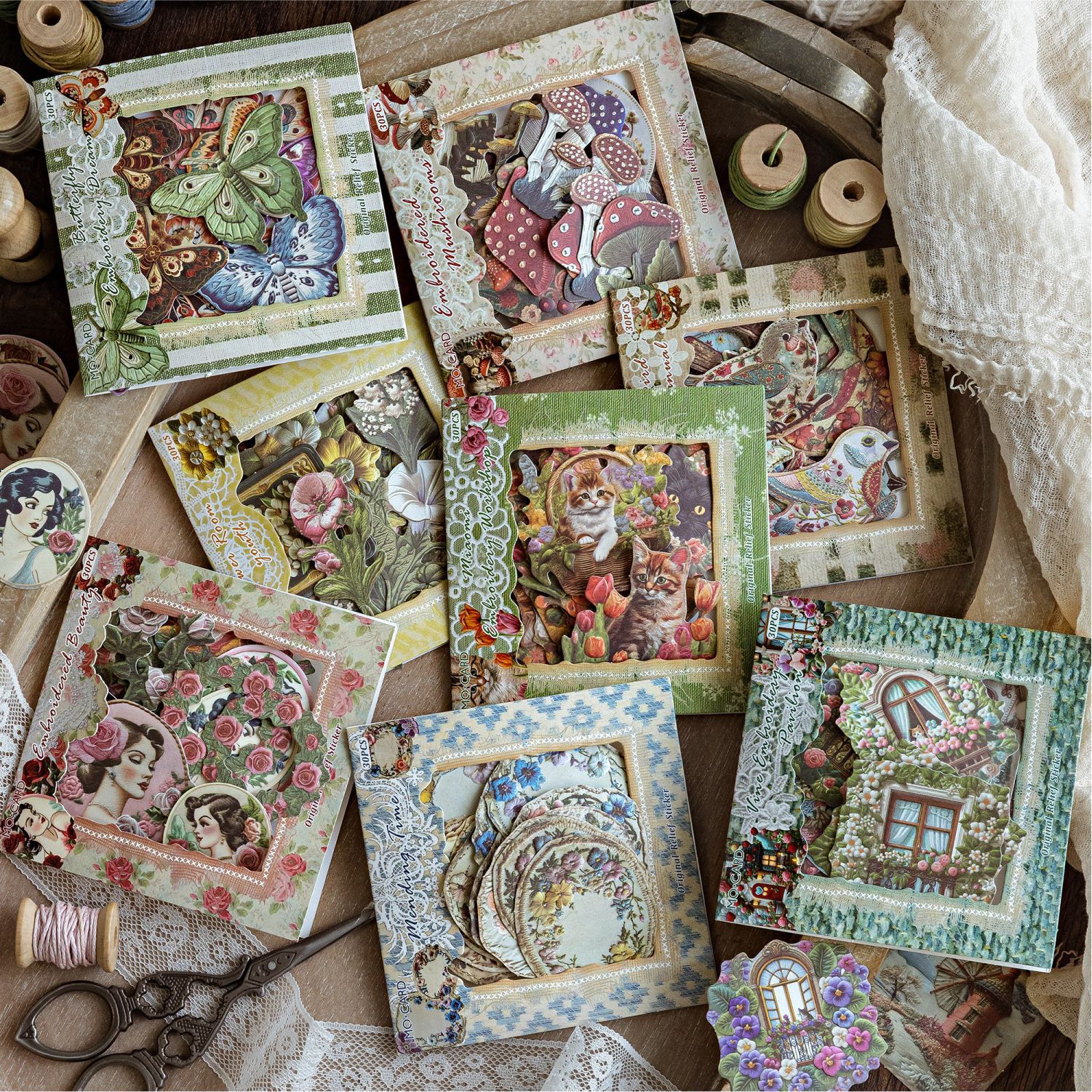 Mo Mo Toppan Etiqueta engomada en relieve Serie de bolsas Historia de bordado Estilo antiguo Material de cuenta manual Película de corte Etiqueta engomada decorativa de bricolaje