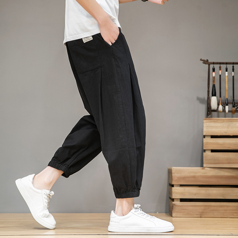 Seven point summer thin sports cotton linen lantern pants, loose plus men's Haren ankle pants_voghion.com