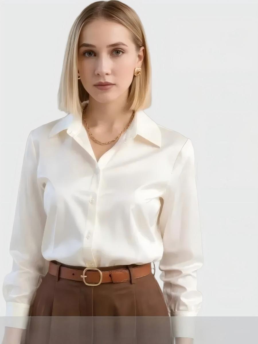 Women's Solid Color Acetate Long Sleeve Shirt Spring New Arrival Silky Satin Feel Wrinkle Resistant Drapey Texture Basic Top_ecoleips.com