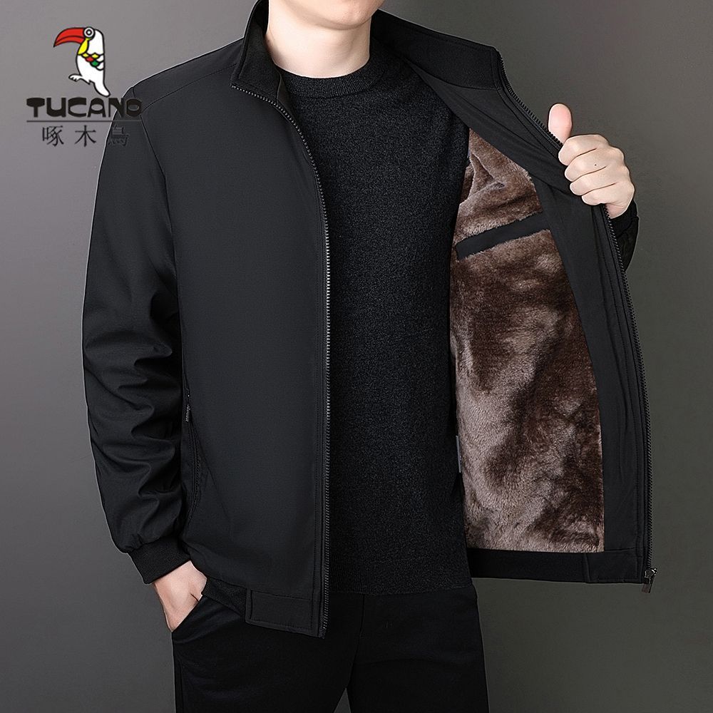 Woodpecker Men's Stand Collar Jacket Loose Autumn and Winter Fleece-Lined Warm Large Size Business Casual Middle-Aged Jacket Top